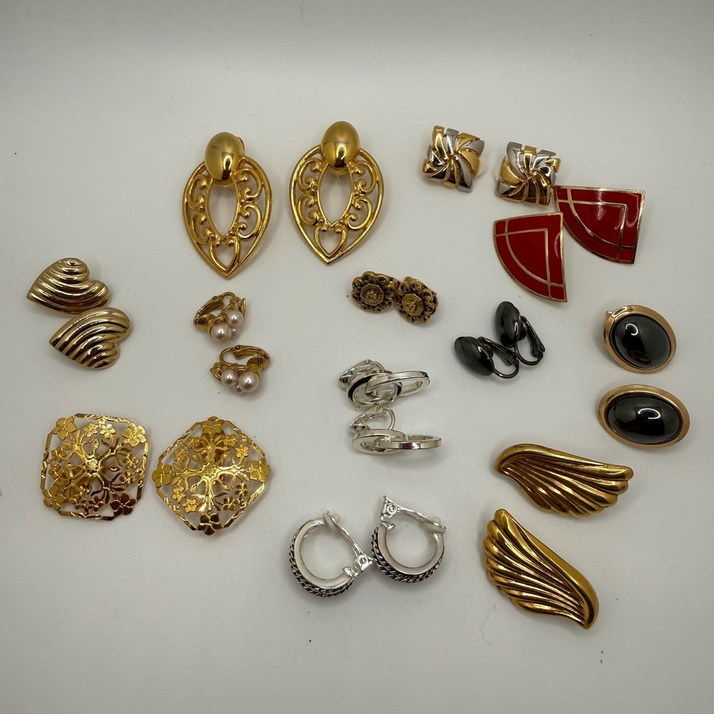 Vintage Clip On Earrings Lot 12 Pairs Gold Silver Tone Enamel Pearl Retro 80s 90